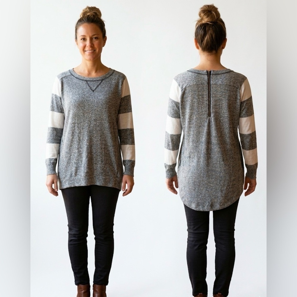 Altar’d State Gray and White Top featuring striped sleeves & back zipper